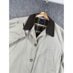 Lands' End Chore Coat Men XL Beige Canvas Barn Jacket Plaid Lined Leather Collar